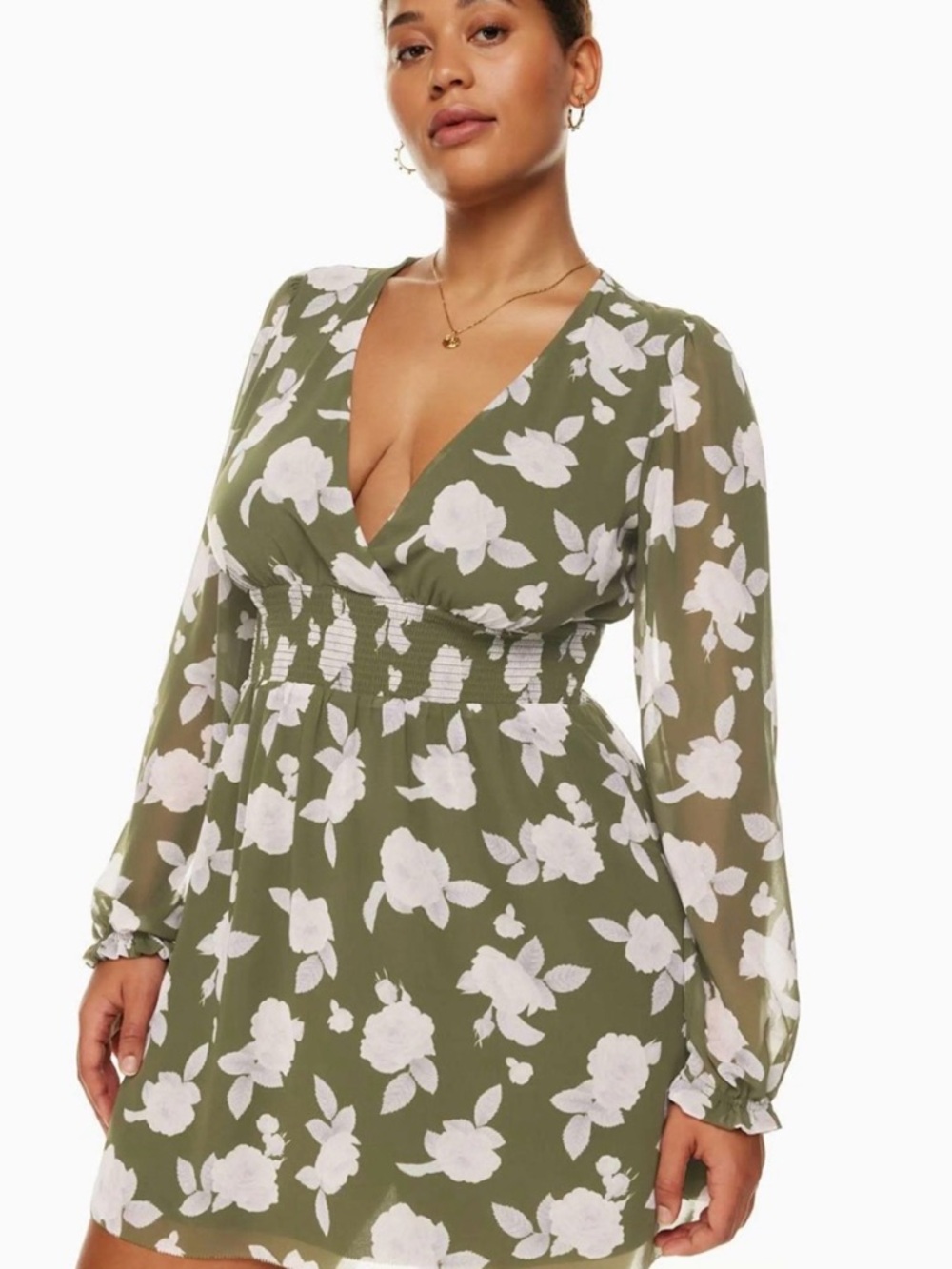 Aritzia Olive Mini Dress with Pink and White Floral Print M